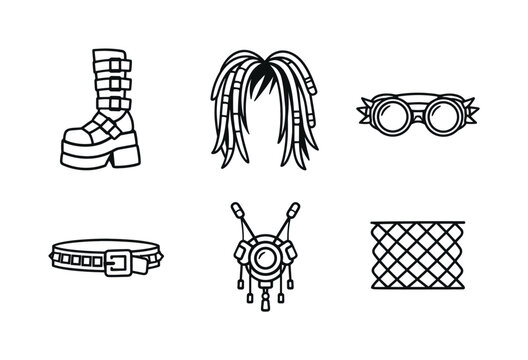 Line style vector icons of 2000s cybergoth subculture: platform-boot silhouette, neon-hair motif, cyber-goggles icon,