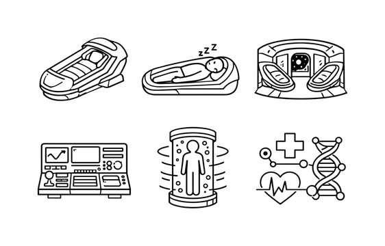 Interstellar Cryo Sleep Icons. Line style vector icons of interstellar cryogenic sleep: cryo-pod outline, sleeping-human motif,