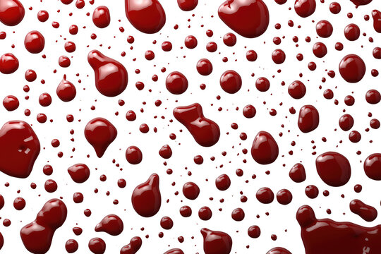 Red blood liquid drops and splatter on transparent background creating abstract texture for medical or horror concepts