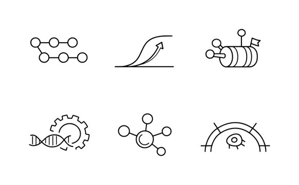 Line style icons of epigenetic timing systems: CpG-site dot set, methylation shift curve, histone-tail marker, molecular gear