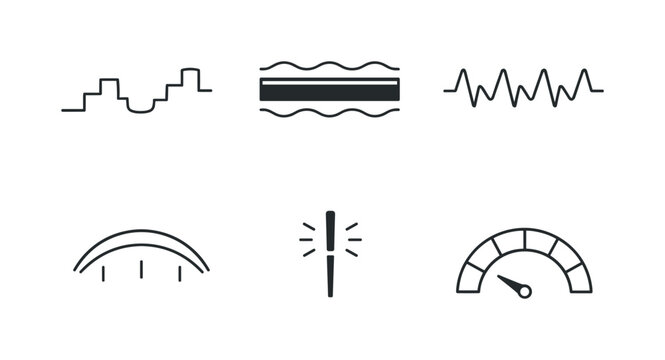 Line style icons of sleep-pattern health indicators: sleep cycle curve, deep-sleep band, REM wave, light-sleep arc, wake episode