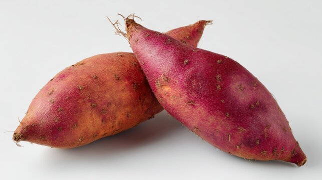 Sweet potatoes, uncooked and sweet, sit alone on a white background.