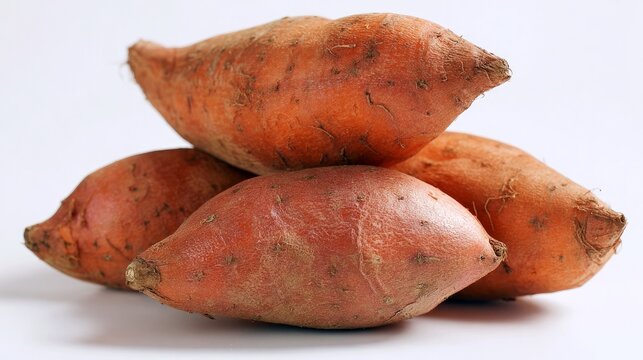 Sweet potatoes, uncooked and sweet, sit alone on a white background.