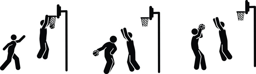 Pictograms depicting dynamic basketball actions such as shooting, dribbling, and powerful dunking. © Jiya