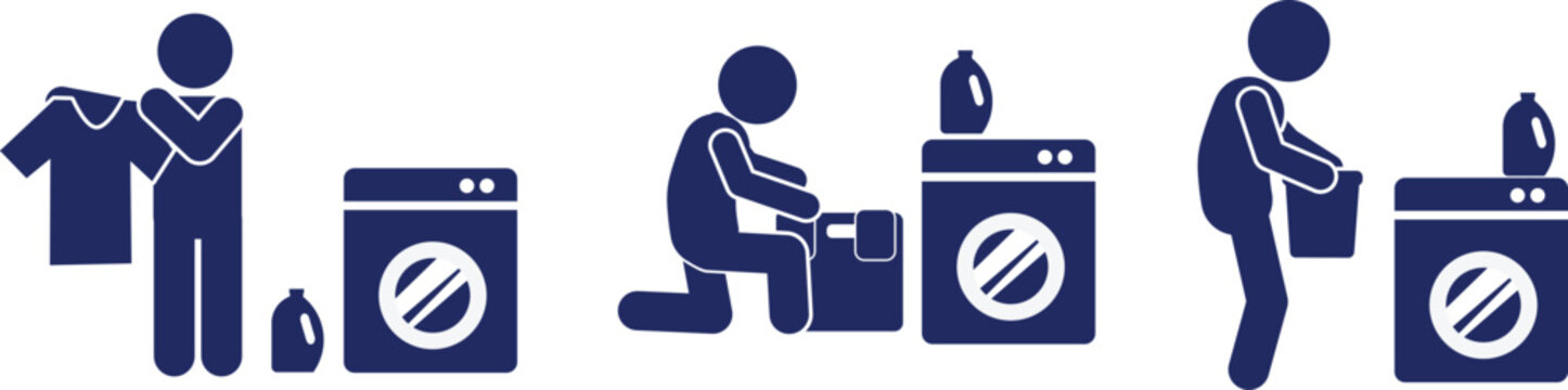 Simple graphic icons illustrating people performing various household laundry washing tasks