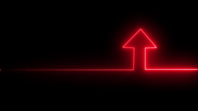 Glowing neon line arrow with glowing neon animation on neon arrow icon animation. Neon arrow doing direction information animation on black background. Abstract dynamic neon arrow icon animation.
