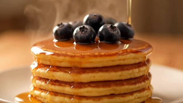 Slow motion pouring syrup on golden pancake stack video