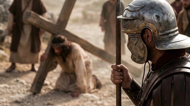 Roman Soldier Overseeing Jesus Christ Carrying the Heavy Cross on the Road to Calvary, a Scene of Biblical Suffering and Sacrifice