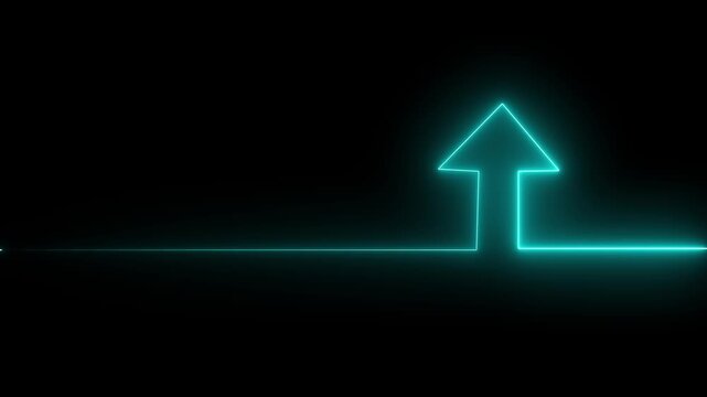 Glowing neon line arrow with glowing neon animation on neon arrow icon animation. Neon arrow doing direction information animation on black background. Abstract dynamic neon arrow icon animation.