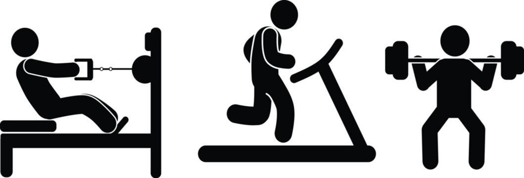 Various stick figure icons representing common gym exercises and fitness activities
