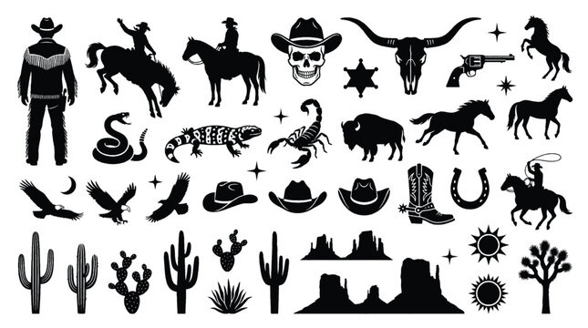 Vector set contains 45 black Western-themed icons, including cowboys, horses, desert landscapes, cacti,, skulls, boots, and stars.