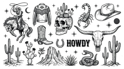 Western vector graphic set featuring cowgirls, horses, cacti, skulls, hats, boots, and "Howdy" & "Cowgirl" typography. Perfect for stickers, t-shirt designs, and other uses. © SOHAG 