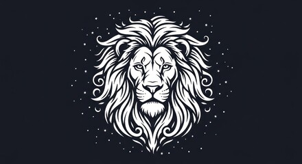 Obraz premium Black background illustration of a majestic lion head with a flowing, ornate mane, facing forward
