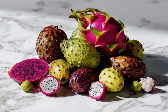 Composi&ccedil;&atilde;o premium de frutas ex&oacute;ticas com pitaya fatiada e cactos sobre fundo de m&aacute;rmore branco. Luz dura e sombras fortes