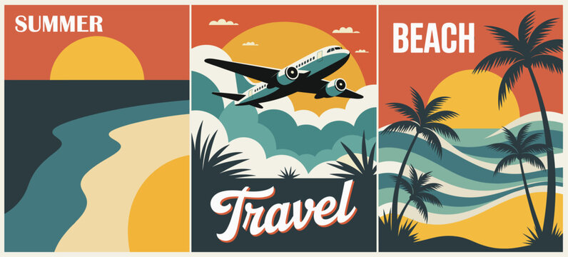 Sunset sky, airplane flies above waves. Palm trees sway, waves roll gently. Travel word shines, bold and clear. Summer and beach evoke joy and escape. Ideal for vacation promotions or travel ads