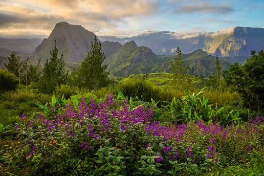 Scenic cloudy landscape of Cirque de Salazie, La Reunion island, French oversea department, Indian Ocean	