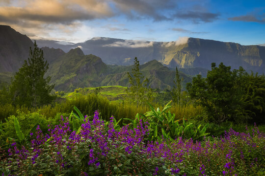 Scenic cloudy landscape of Cirque de Salazie, La Reunion island, French oversea department, Indian Ocean	