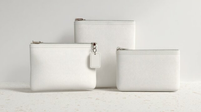 Pouches with zippers sit on white. Imagine your design on them.