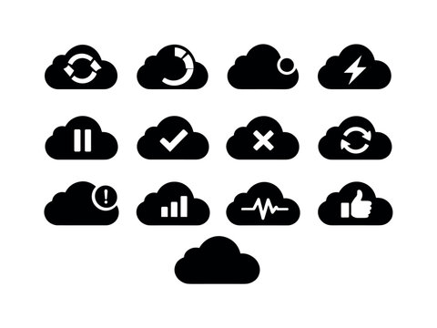 Collection of cloud icons representing various digital actions and statuses