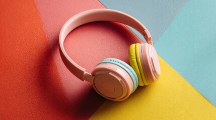 Naklejka premium Top view shows cool headphones on a colorful surface. Room for your message.
