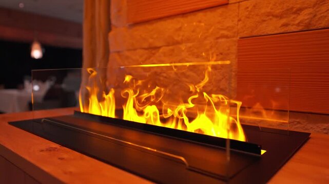 Yellow orange flames rise in a black trough with glass windshields, set in wood before a stone wall and slats, with dining table and pendant lamp in view.