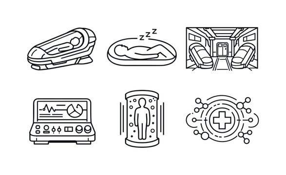 Interstellar Cryo Sleep Icons. Line style vector icons of interstellar cryogenic sleep: cryo-pod outline, sleeping-human motif,