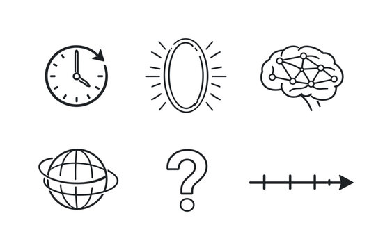 Line style vector icons of temporal and memory hypotheses: clock-arrow icon, portal-outline motif, brain-memory icon,