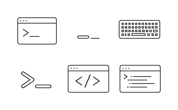 Line style vector icons of text-command interface: terminal-outline motif, blinking-cursor icon, keyboard-input outline,