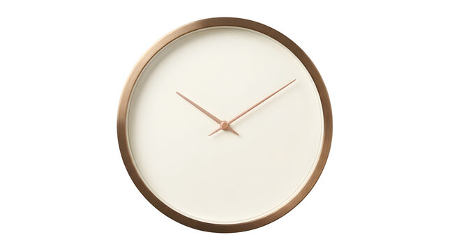 Modern minimalist round wall clock with copper frame and white face on plain background symbolizing time and simplicity in home decor