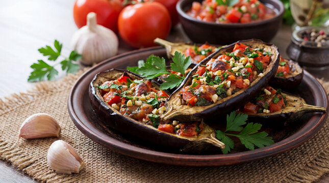Delicious stuffed eggplant halves on a brown plate with tomatoes and garlic on a rustic table setting for a healthy meal