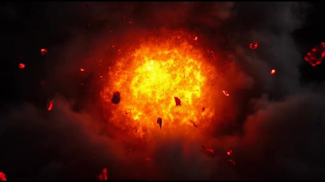 A massive explosion occurs with flames, smoke, and debris flying everywhere outside at night