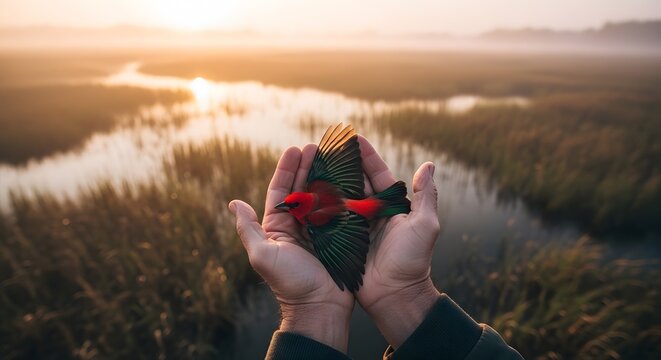 A pair of hands cradling a small red bird with a soft, warm sunrise over a marshy landscape