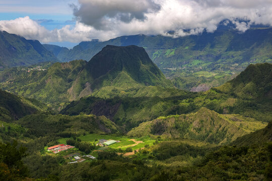 Scenic cloudy landscape of Cirque de Salazie, La Reunion island, French oversea department, Indian Ocean	