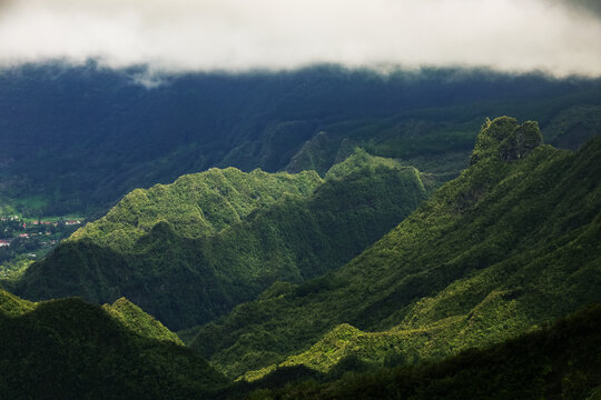 Scenic cloudy landscape of Cirque de Salazie, La Reunion island, French oversea department, Indian Ocean	