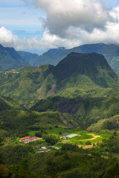 Scenic cloudy landscape of Cirque de Salazie, La Reunion island, French oversea department, Indian Ocean	