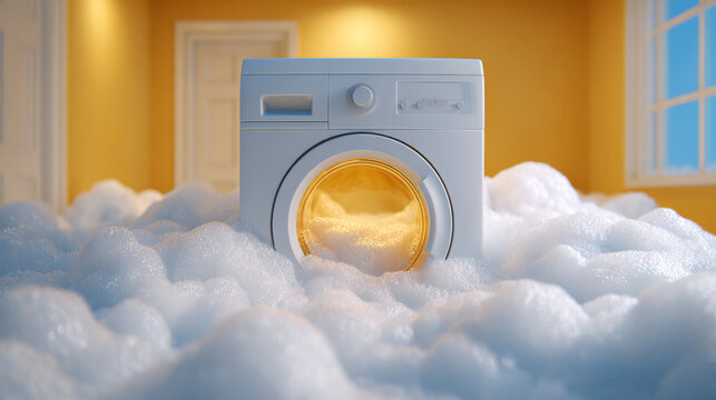 Washing machine surrounded by white foam bubbles in a bright yellow room with a window and door, creating a playful and whimsical laundry scene