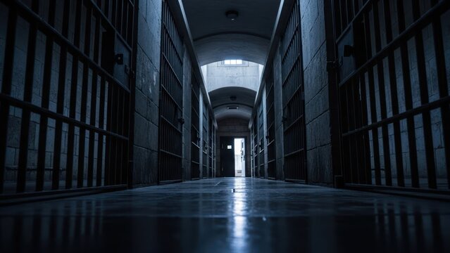 A long, dark prison hallway with cell doors and bars leading towards a distant doorway