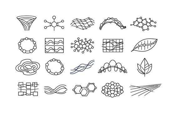 Line style icons of quantum-optimized energy transfer: coherent funnel band, photon relay node, pigment mesh curve, exciton