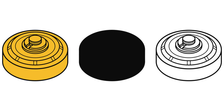 A technical drawing of three circular objects with varying designs and colors on a white background