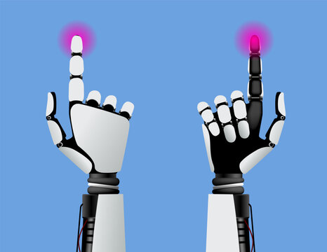 Two hands with a pointing finger of biorobot's women isolated on blue. Vector illustration in 3d style