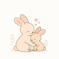 Obraz premium Minimalist vector illustration of a cute mother rabbit hugging her baby bunny. Tender family love concept, perfect for Mother's Day, nursery design, greeting cards, and kids products
