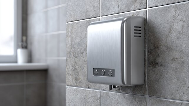 Stainless steel hand dryer mounted on tiled bathroom wall
