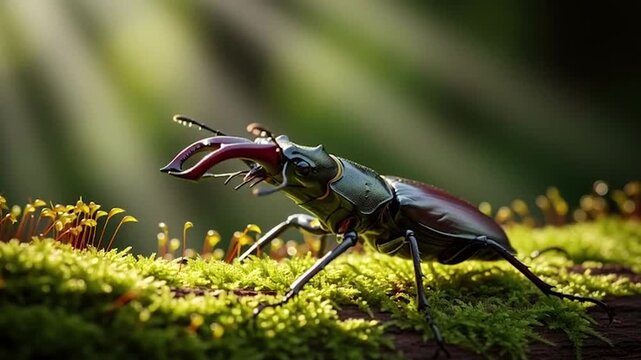 Detailed macro shot of a stag beetle with large mandibles resting on a lush bed of green moss under filtered sunlight in a forest.