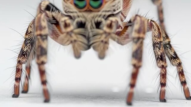 Extreme macro shot of a jumping spider with prominent iridescent eyes and hairy legs against a clean, white background.