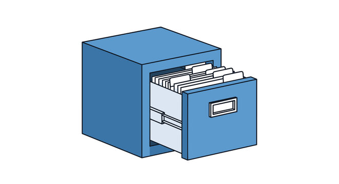 A professional blue metal filing cabinet stands with its top drawer partially extended to reveal a series of organized white document folders inside.