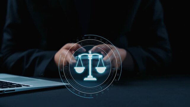 Futuristic digital law interface displaying justice scale, highlighting digital law, AI compliance, digital law systems, and digital law regulations for secure governance. Elide