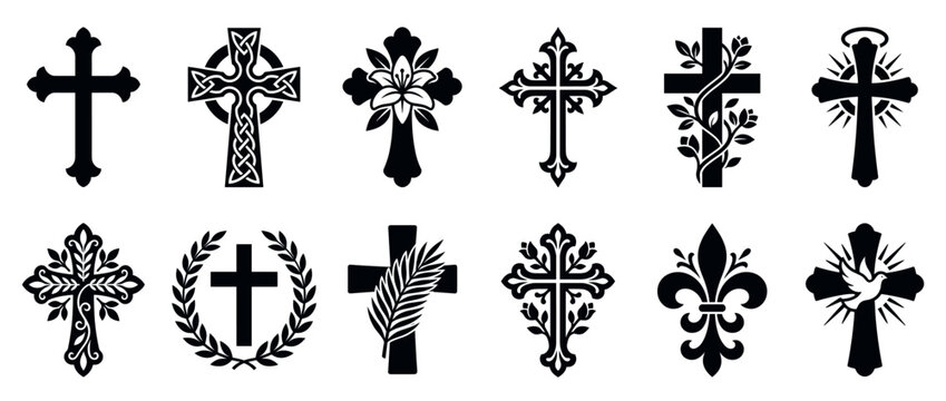 Collection of diverse religious crosses and Christian symbols featuring various ornate designs and spiritual motifs for faith-based themes.
