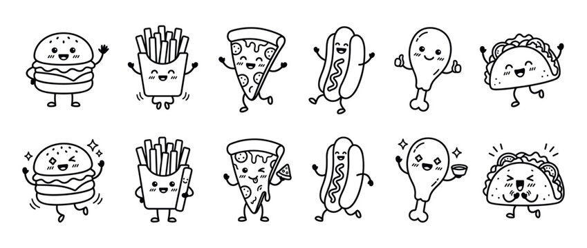 Cute fast food characters seamless pattern featuring happy burgers, fries, pizza, hot dogs, chicken, and tacos in a playful doodle style.