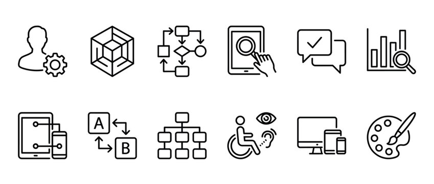 Business, technology, and accessibility line icons set for web design, mobile apps, and digital services development.