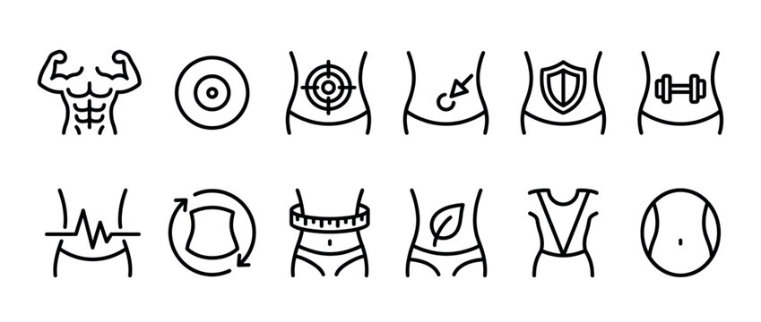 Fitness and health icons illustrating various aspects of body wellness, exercise, and weight management in a clean, modern line art style.